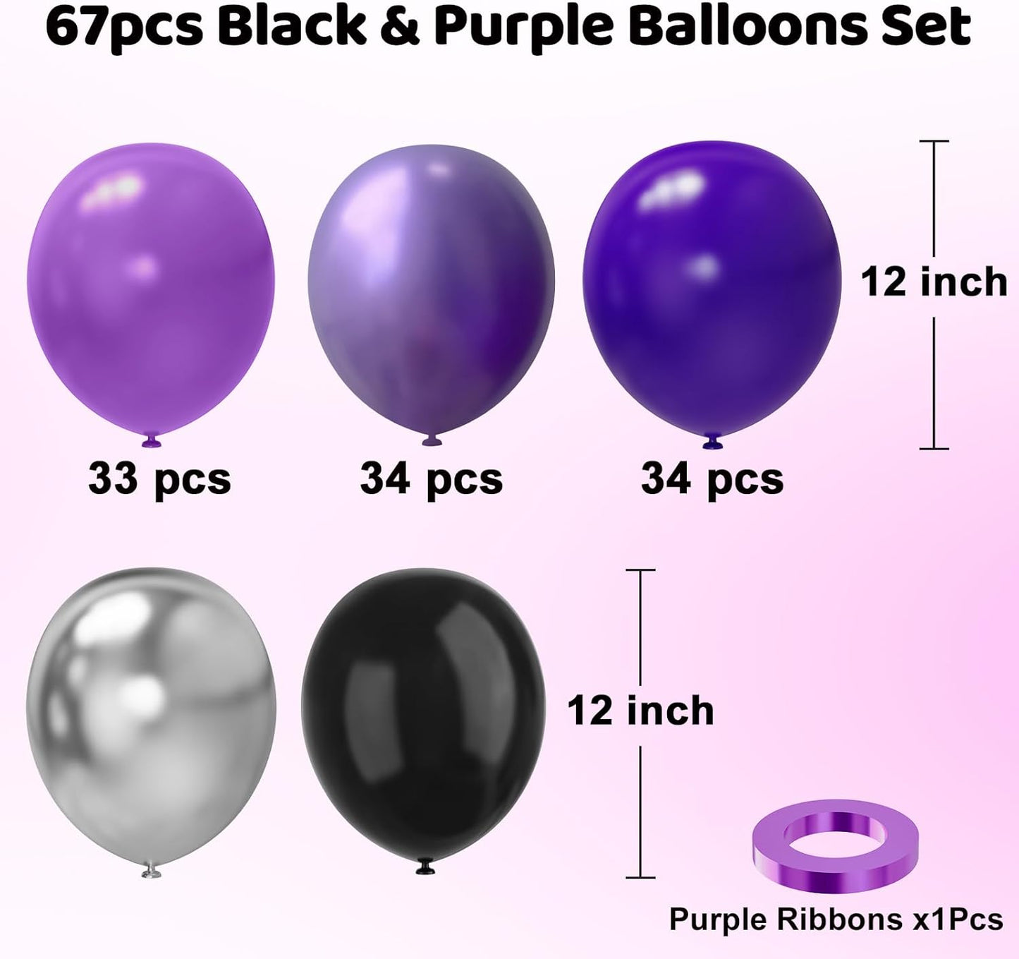 Skiennix 12-Inch Purple & Black Latex Balloons - 67pcs for Birthday, Graduation & Party Decor
