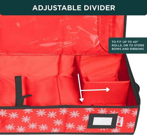 HOLDN' STORAGE Wrapping Paper Storage Container - Durable 600D Tear-Proof, Fits 27 Rolls, Extra Pockets for Ribbons & Bows - Red/White Snowflakes
