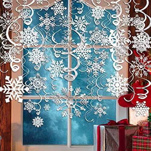 42CT Christmas Snowflake Hanging Swirl Decorations,Christmas Hanging Ceiling Streamers Snowflake Hanging Swirls and Strings Decoration, Winter Party Wonderland Xmas Holiday Decor Supplies