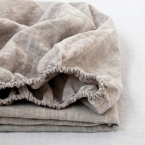 Simple&Opulence Queen Linen Fitted Sheet 14 Inch Deep Pocket Natural Flax Bed Cover