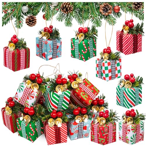 16 Pcs Christmas Tree Mini Gift Boxes - Colorful 8 Styles with Bells & Berries (2 each)