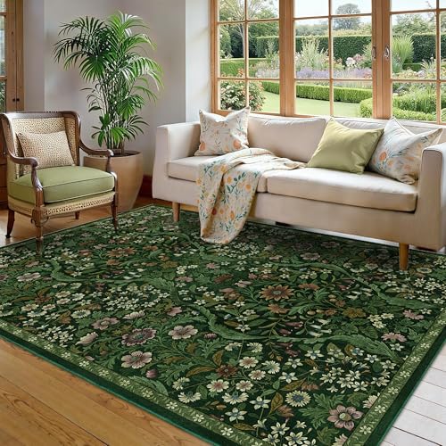 Dark Green 5x7 Botanical Floral Washable Area Rug for Living Room & Home