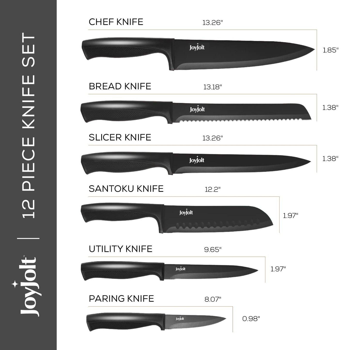 JoyJolt 12pc Kitchen Knives Set (Black). Chefs Knife Set with Sheath Covers. Chef, Butcher, Bread, Slicing, Santoku, Utility and Paring Home And Kitchen Knives Sets