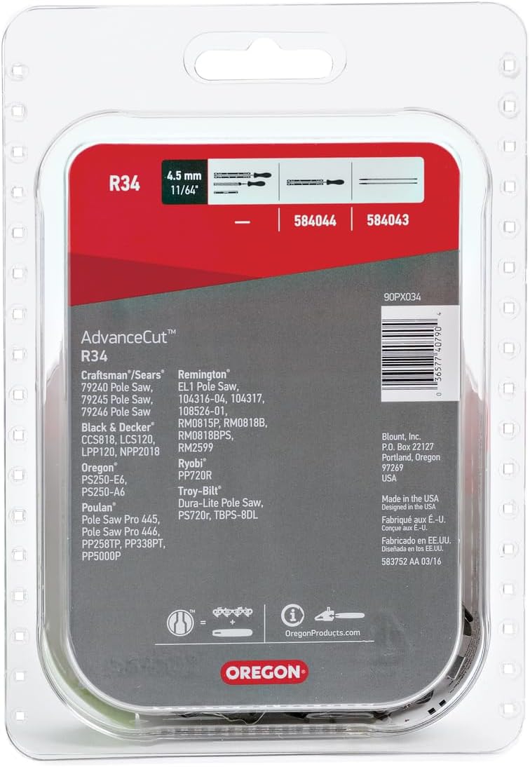 Oregon R34 AdvanceCut Chainsaw & Pole Saw Chain - 8" Guide Bar, 34 Drive Links, 3/8" Low Profile, .043" Gauge