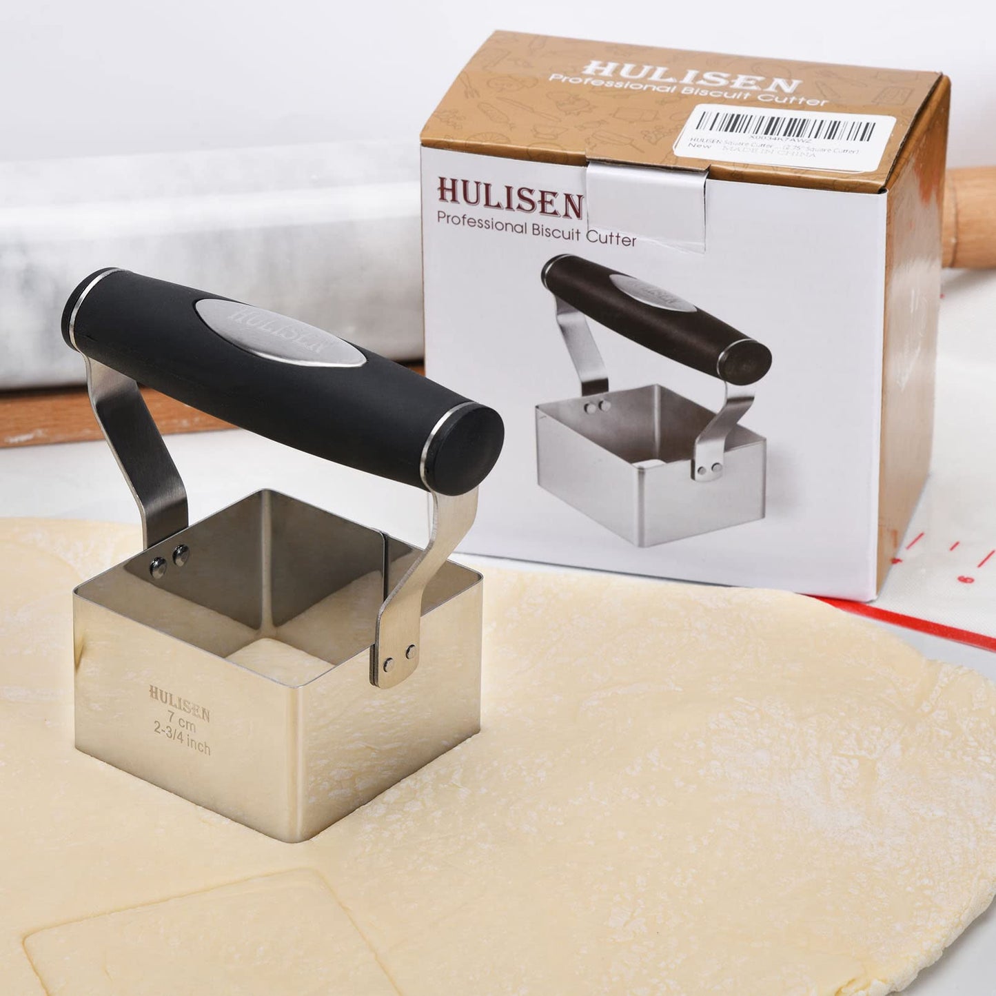 HULISEN Square Biscuit Cutter, 2.75 Inch Stainless Steel Cookie Cutter with Soft Grip Handle for Thick Dough, Professional Baking Dough Tools, Dishwasher Safe, Gift Package (2.75" Square Cutter)