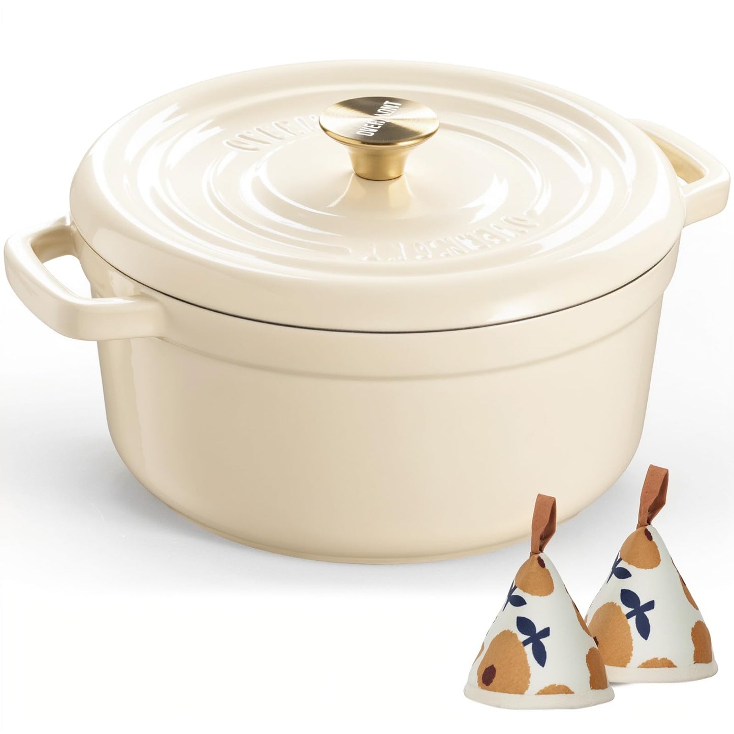 Overmont Enameled Cast Iron Dutch Oven - 5QT Pot with Lid Cookbook & Cotton Potholders - Heavy-Duty Cookware for Braising, Stews, Roasting, Sourdough Baking Cream white