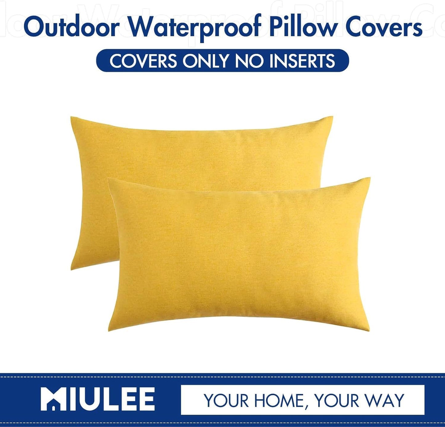 MIULEE Decorative Outdoor Throw Pillow Covers - Waterproof Faux Linen Cushion Cases | Pack of 2, 20x12 Inch, Yellow