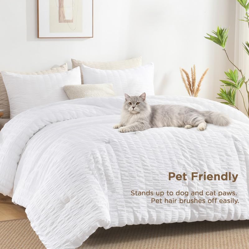 AveLom White Queen Seersucker Comforter Set 90x90 Inches 3 Pieces - Lightweight All-Season Microfiber Bedding