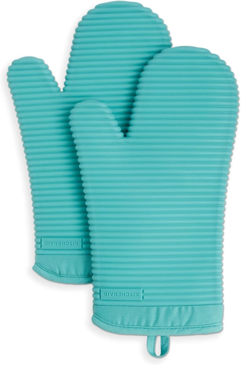 KitchenAid Ribbed Silicone Oven Mitts - Heat Resistant 2-Pack Set, 7.5"x13", Aqua Sky
