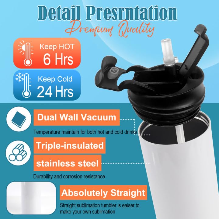 Joyclub White 8 Pack 20oz Sublimation Water Bottles with Dual Openings & Leakproof Lids