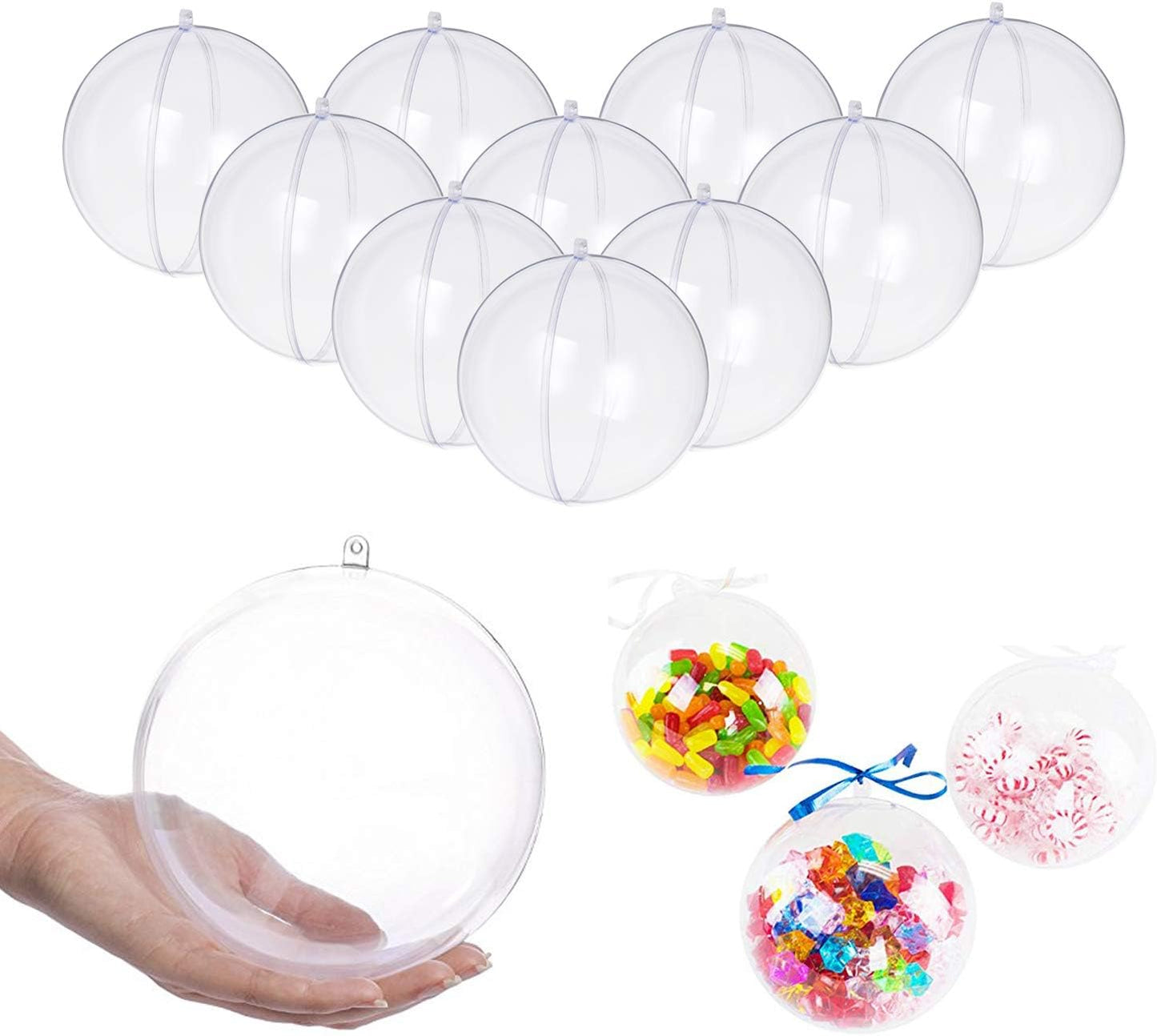 Clear Plastic Fillable Christmas Ornaments - 3.15” DIY Craft Balls, Pack of 10