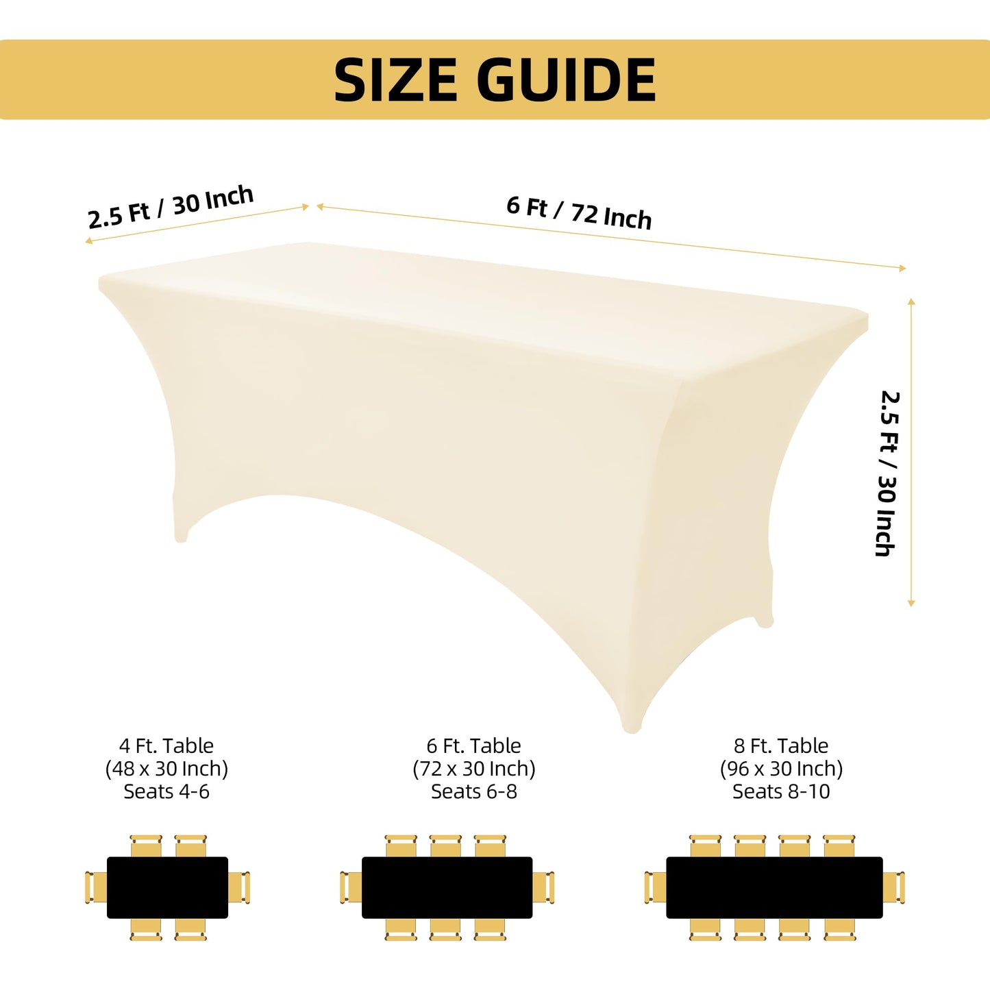 ZarzaaSik 6-Pack 6ft Spandex Table Covers for Rectangle Standard Folding Tables - Wrinkle Resistant Stretch Tablecloths - Ultimate Fitted Table Protector for Parties, Trade Shows, Wedding