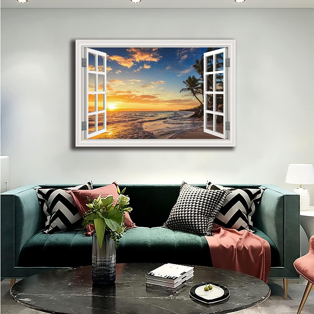 Seascape Beach Wall Art Print for Living Room - Window Frame Style Canvas Wall Decor Ocean Wave - Tropical Palm Tree Picture for Bedroom Office Home Decoration