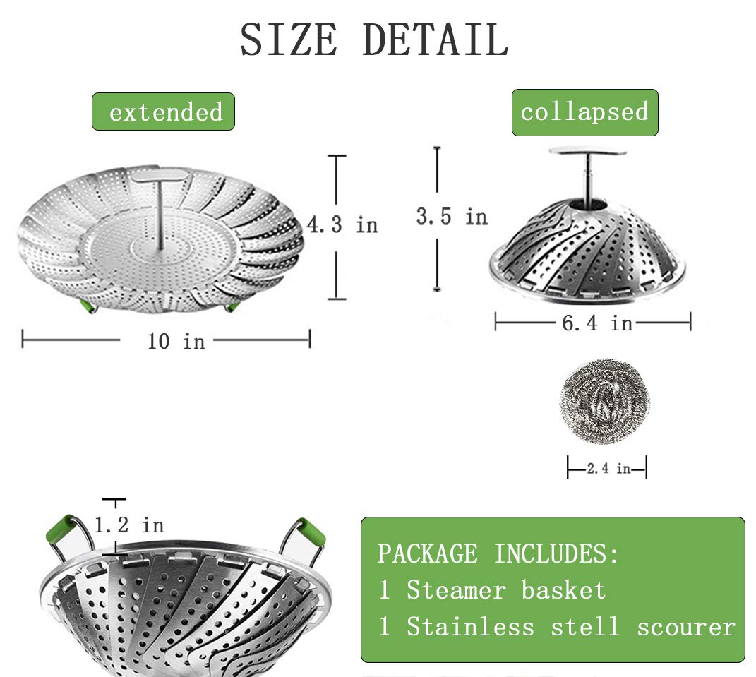 Stainless Steel Veggie Steamer Basket with Folding Handle - Expandable to Fit Pots 6.4" to 10"
