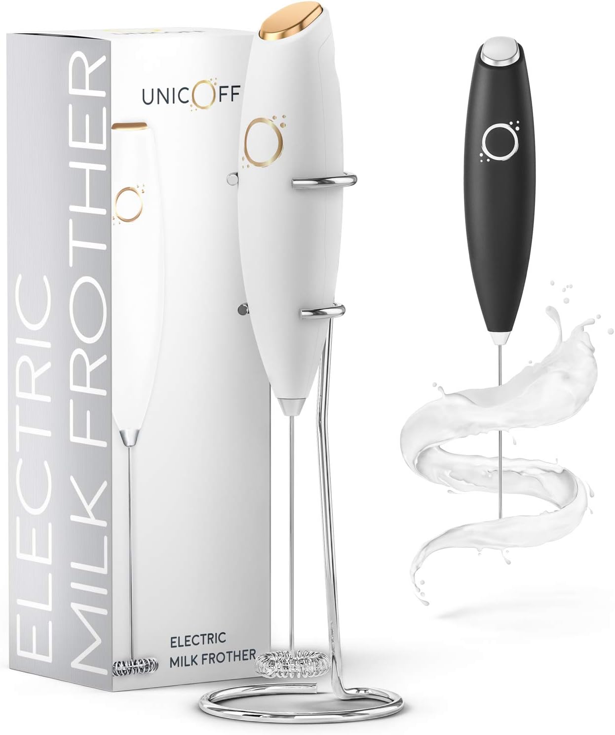 Skiennix Milk Frother - Handheld Electric Whisk with 19000 RPM - Includes Recipe Book & Stainless Steel Stand - Elegant White and Gold Design