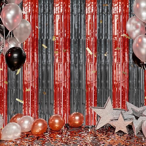 2 Pack Foil Fringe Backdrop - Red&Black Shiny Tinsel Curtains for Party Decoration/Photo Booth Props - 3.3x6.6 FT Metallic Foil Backdrop for Birthday, Wedding, Graduation, Christmas.