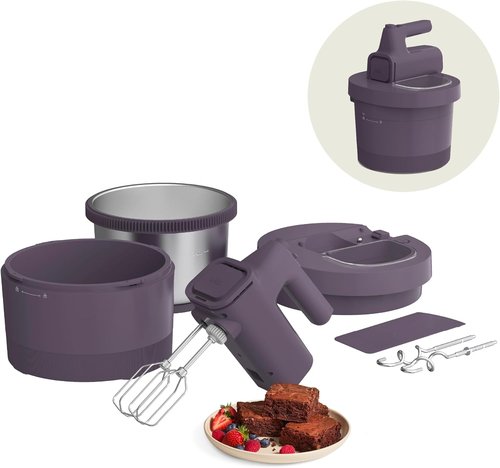 Bella 3.5 Qt Electric Hand & Stand Mixer - 2-in-1 with Bowl, Dough Hook & Whisk | Plum Color, 200 Watt