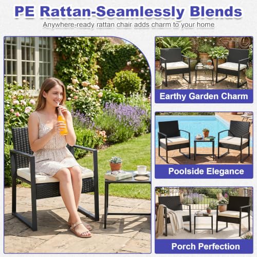 FDW Khaki 3-Piece Patio Furniture Set Outdoor Wicker Conversation Set with Coffee Table