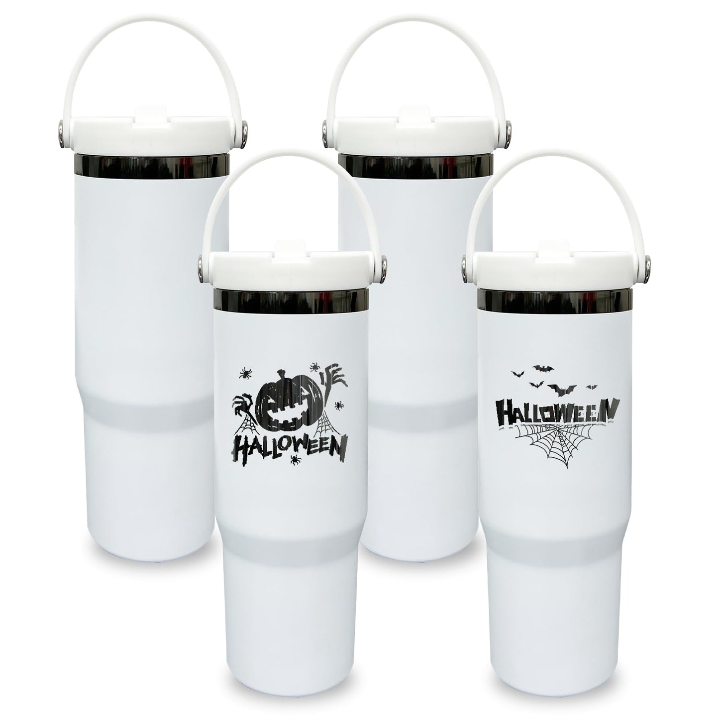 30 oz Tumbler with Handle, Double Wall Vacuum Insulated Tumblers with Flip Straw, Coffee Mug 30oz Powder Coated Cup for Hot and Cold Drinks(Black Plated, White,4 pack)