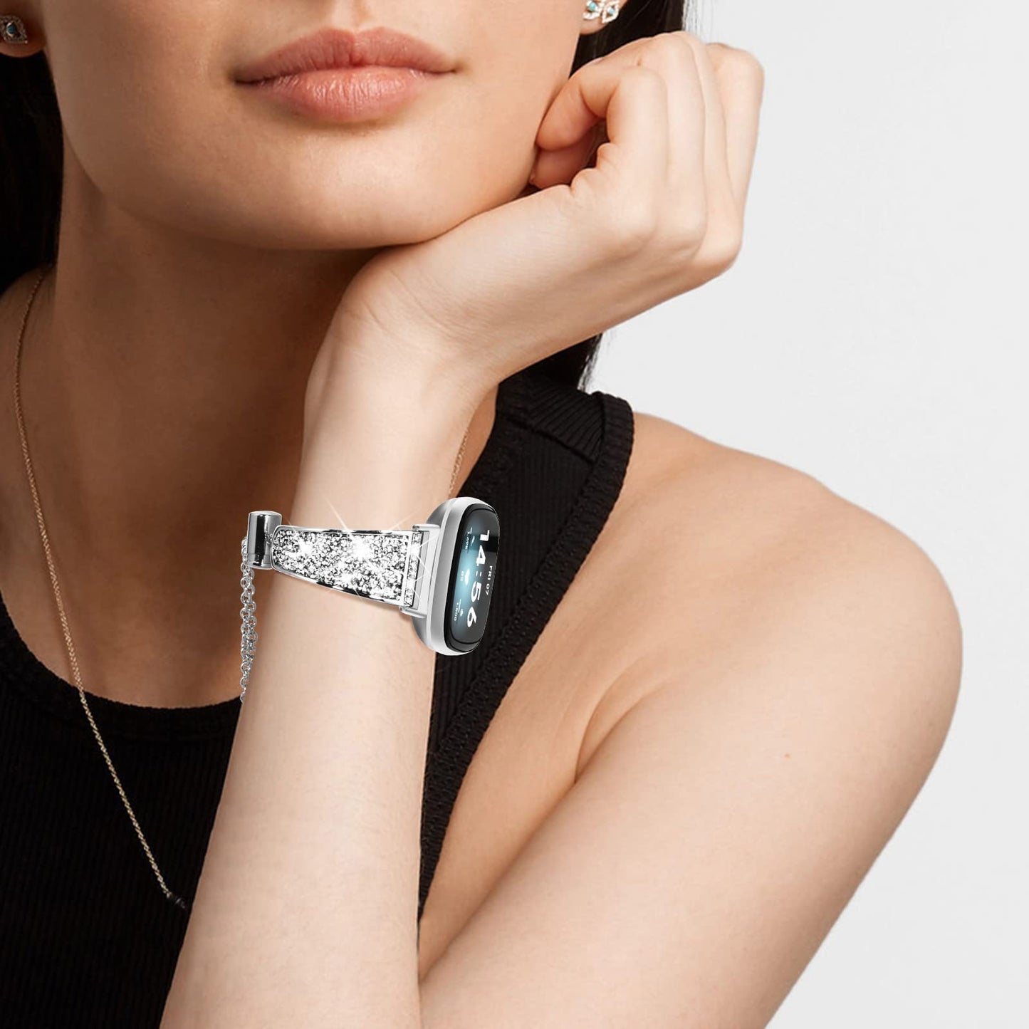 NewWays Compatible with Fitbit Versa 3/ Fitbit Versa 4 Band for Women, Crystal Bling Jewllery Bangle Compatible for Fitbit Versa 3 4 Sense Sense 2, with Stopper Toggle Closure, Silver
