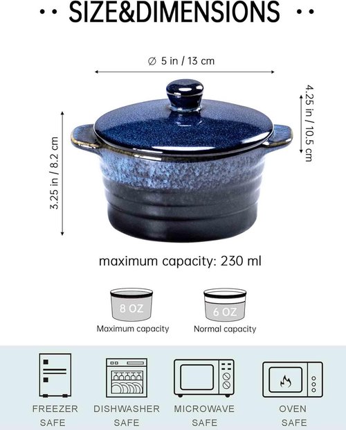 Henten Home Ceramic Ramekins - 8 oz Mini Cocotte Set of 4 with Lid & Handle | Deep Blue Casserole Dishes