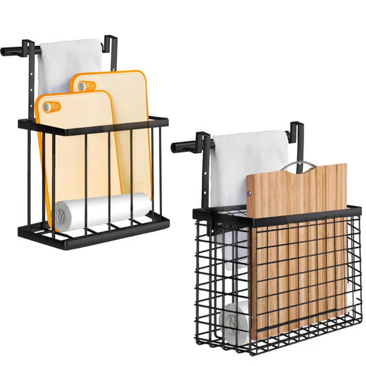 Aboevnc 2 Pack Cabinet Door Organizer with Towel Bar, Over The Cabinet Door Storage with Towel Holder for Kitchen Cutting Board,Black