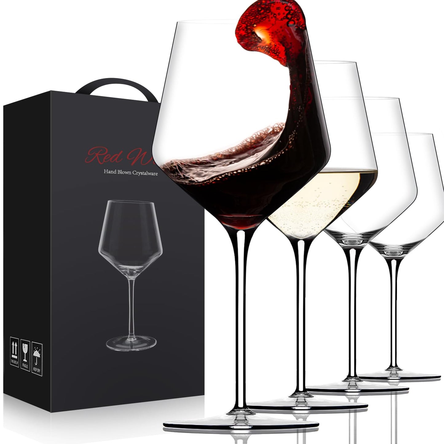 OJA Red Wine Glasses Set of 4-18oz, Crystal White Hand Blown Wine Glass with Long Stem, Ultra-thin, Dishwasher Safe, Gift for Daily Use, Party