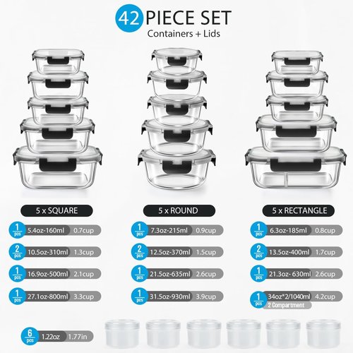 AMALEKO Glass Food Storage Containers Set - 42pcs Leak-Proof Meal Prep Containers with Snap Locking Lids | BPA-Free, Black