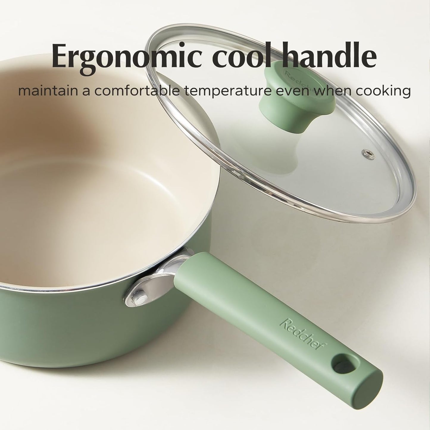Redchef Ceramic Nonstick Saucepan - 1.5QT Small Cooking Pot with Lid, PFAS-Free, Green