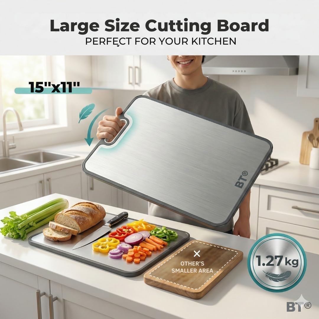 Skiennix Stainless Steel Cutting Board - Non-Toxic 2-in-1 Double-Sided Design | Large 16”×11” Size