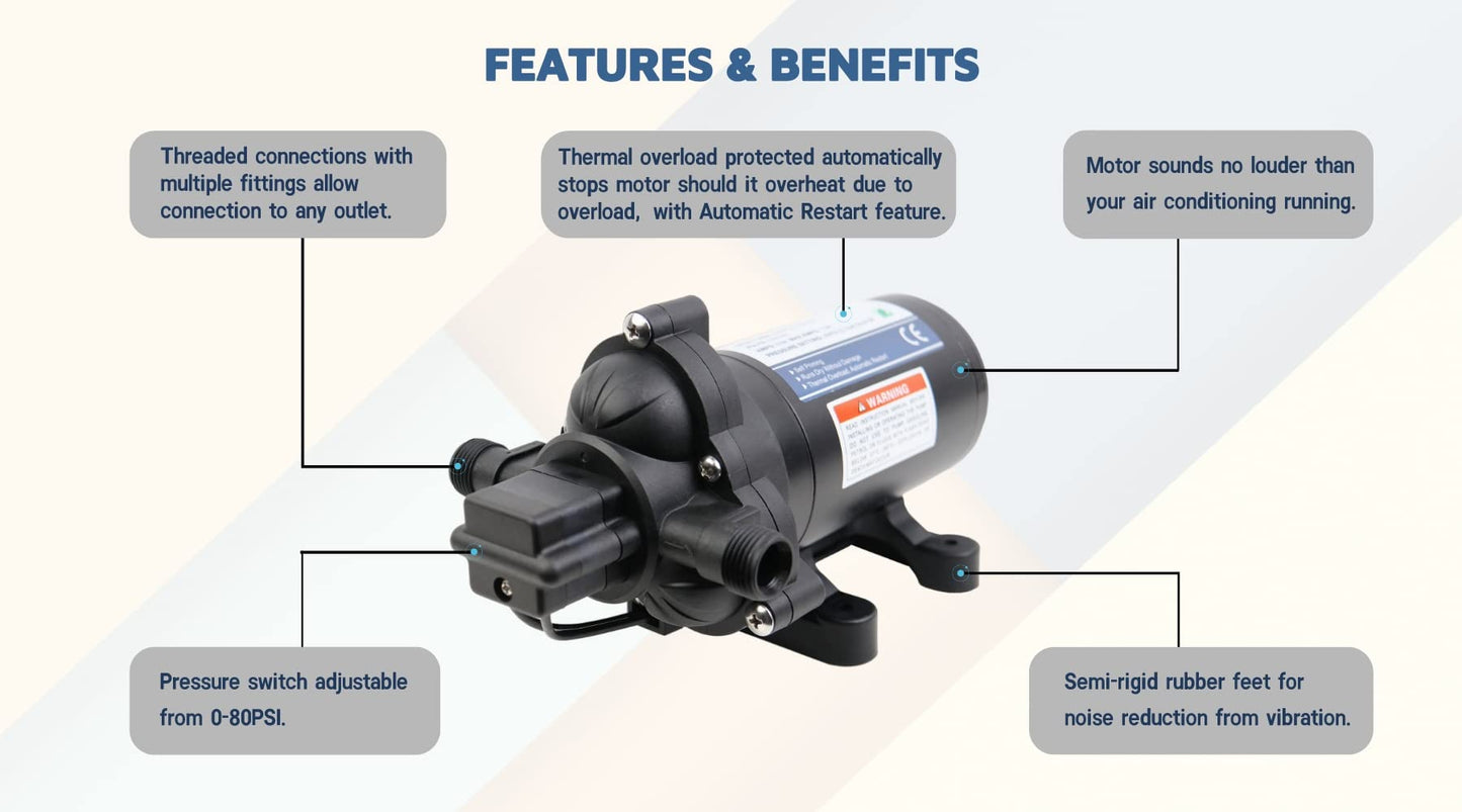 KENCIT T33 Automatic On-Demand Diaphragm Pump 115Vac, 4.0GPM, 45PSI, Industrial Water Pressure Pump for Kitchen, Bathroom, RV, Marine Yacht, Caravan, Garden