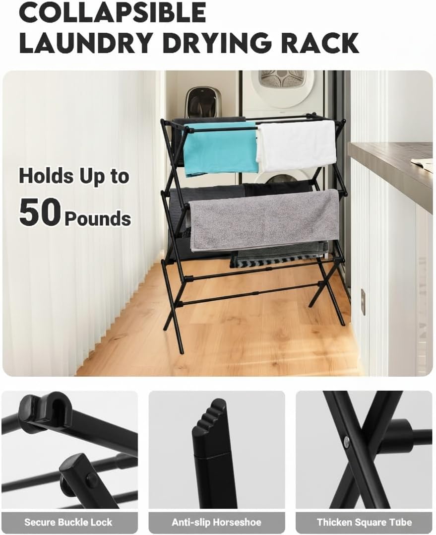 Regine Folding Clothes Drying Rack - 3-Tier Collapsible Laundry Dryer for Indoor & Outdoor Use | Black