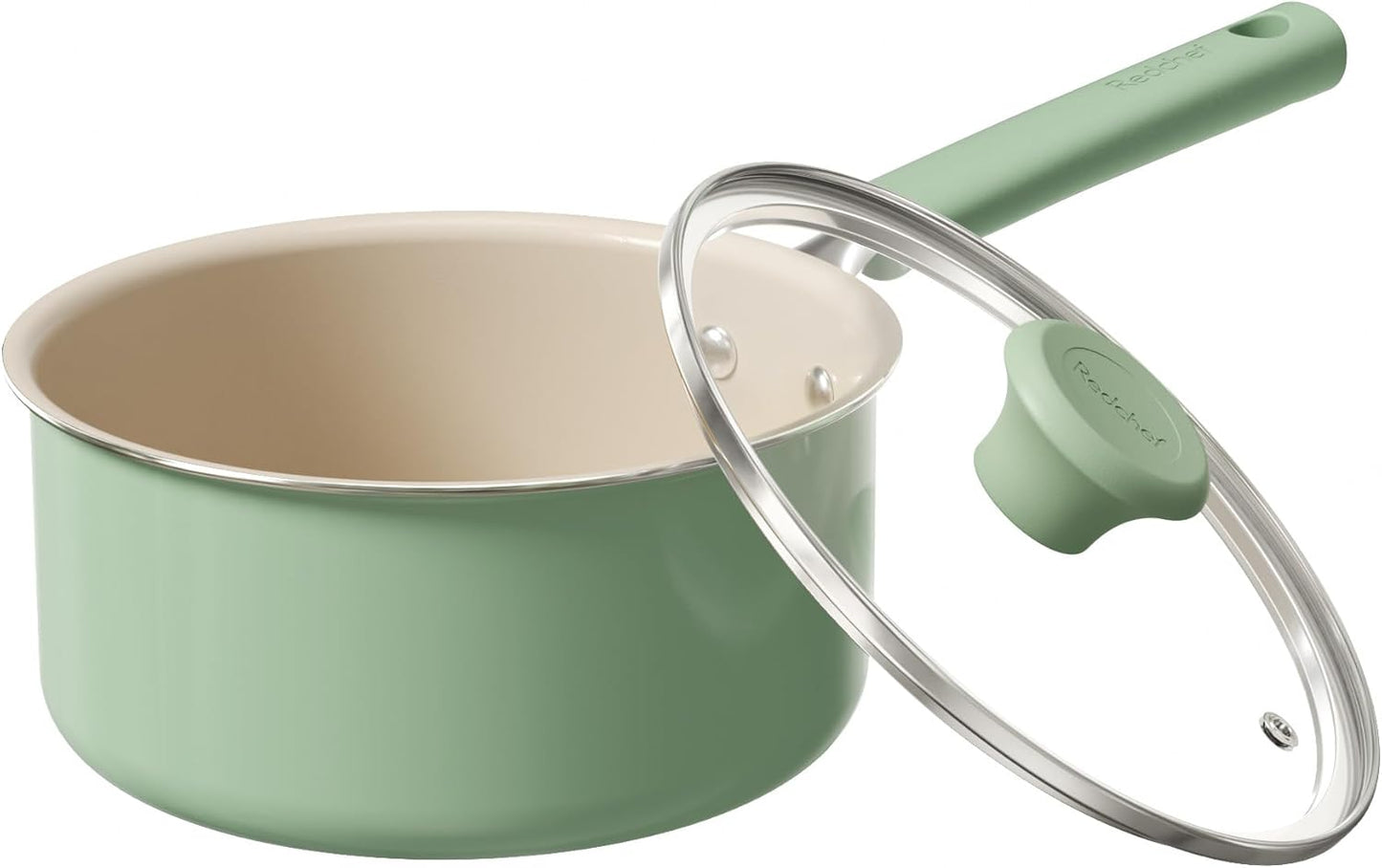 Redchef Ceramic Nonstick Saucepan - 2.5QT Small Cooking Pot with Lid | PFAS-Free, Cool Handle, Green