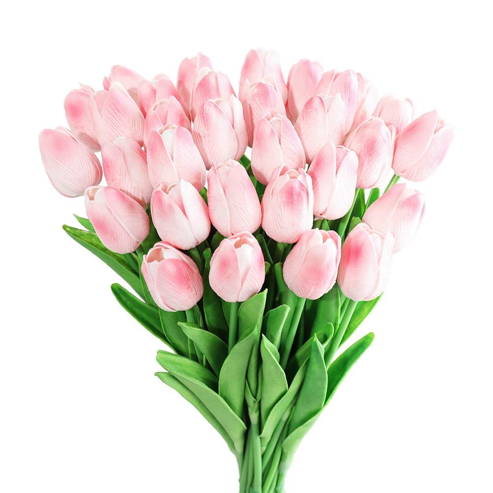 Kisflower 30Pcs Latex Tulips Real Touch Pink Artificial Flowers Fake Tulips Arrangement Bouquet for Home Office Wedding Decor (Pink)