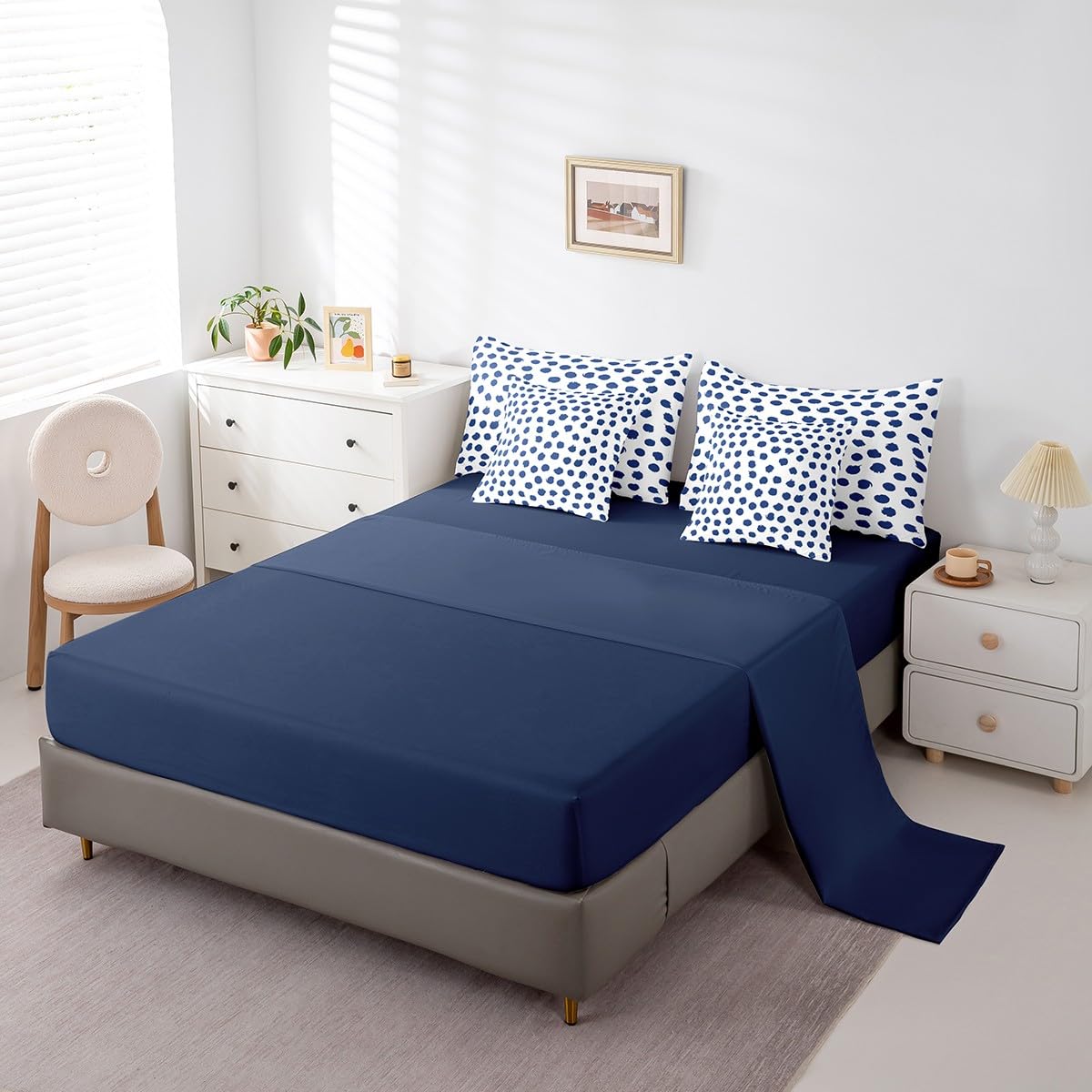 Erosebridal Boys Dots Bed in A Bag 7 Pcs Twin Size Polka Geometric Bed Set for Kids Men Brush Stroke Boho White Navy Blue Comforter Set Lightweight Sheet Set