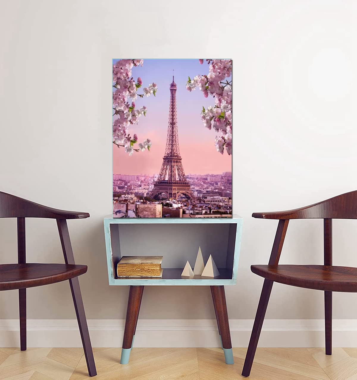 Pink Eiffel Tower Paris Office Girl Room Wall Art Pink Flower Blossoming Romantic Landscape Canvas Print for Home Decor Framed Large Artwork Love 24x36inch