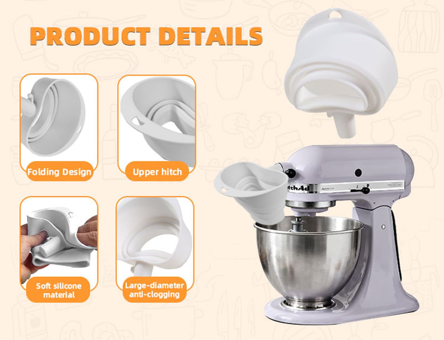 Silicone flour funnel for KitchenAid stand mixers, foldable wide-mouth design, anti-clog and splash-proof, easy to pour, suitable for KitchenAid Artisan KSM150 5-Quart Tilt-Head Mixer, dishwasher-safe
