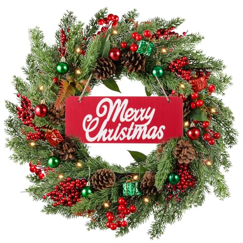 20in Handmade Christmas Wreath for Holiday Decor with Lights & Sign