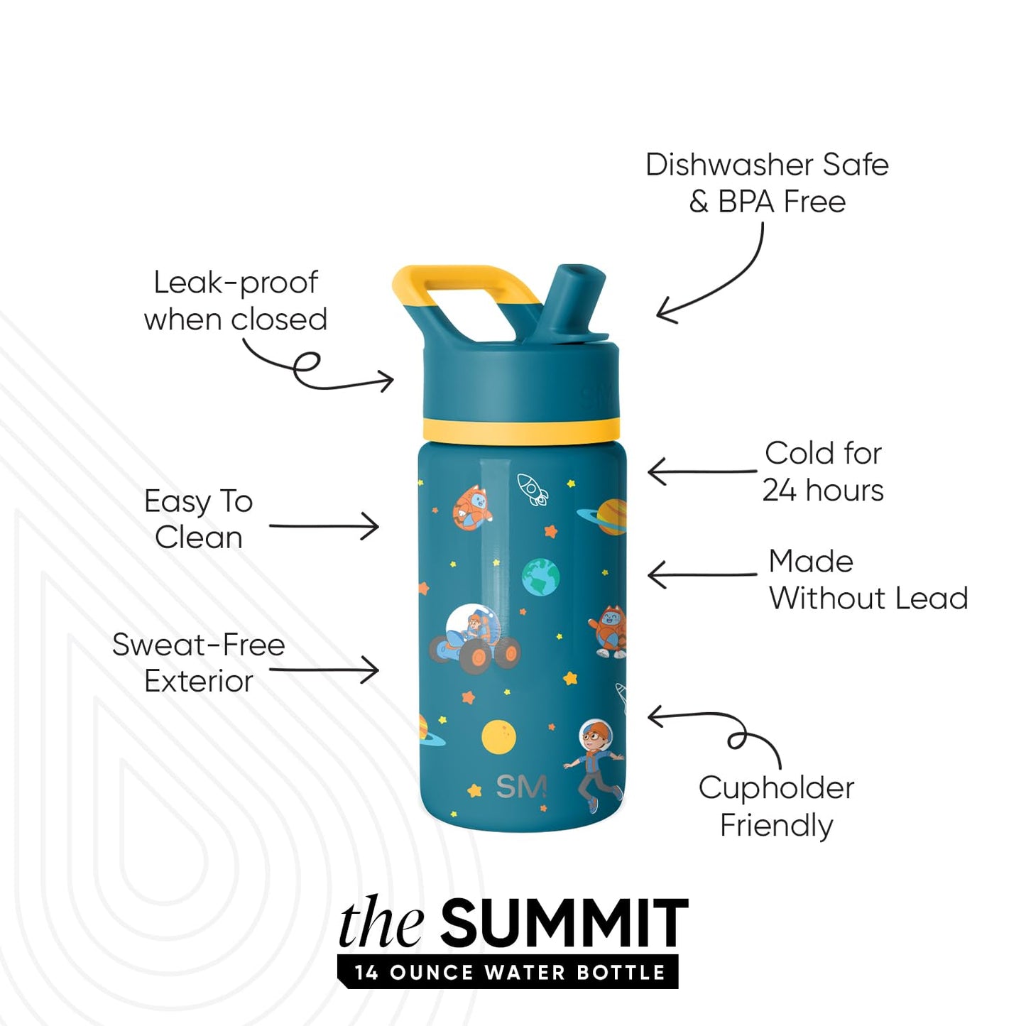 Simple Modern Kids Summit Water Bottle with Straw Lid | Blippi 14oz Stainless Steel Cup Insulated Tumbler for Toddlers, School | Blippi Space