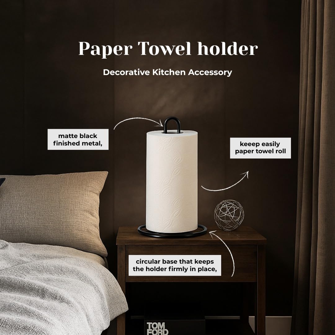 Divine Glance Premium Paper Towel Holder, Modern Heavy Duty Freestanding Standing Kitchen Roll Dispenser with Anti Slip Weighted Base Countertop Paper Roll Organizer - Black (Open Cut Design)