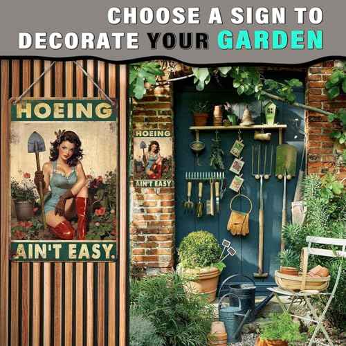 PEACHGARDEN Hoeing Ain't Easy Garden Sign Metal Garden Signs for Outside Yard Art Funny Outdoor Wall Decor Gardening Gifts for Women 8x12 Inch