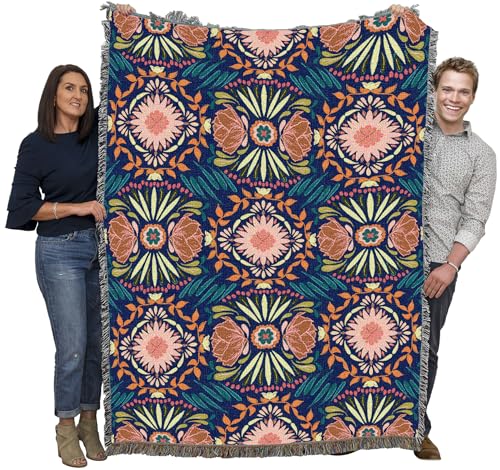 Pure Country Weavers Peony Medallion Navy Blanket, 72x54 - Made in USA, Woven Cotton