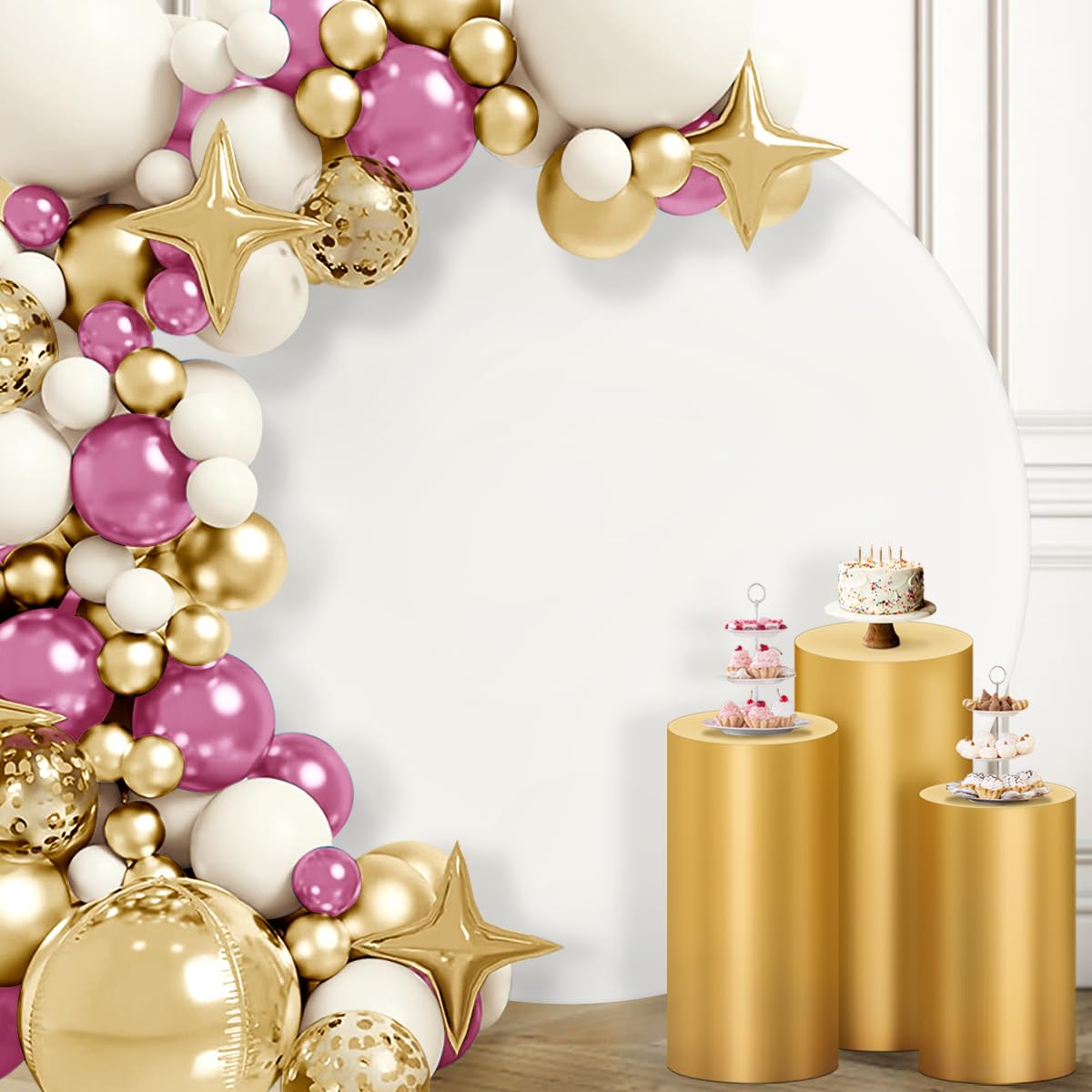 Socomi Cylinder Pedestal Stand Covers Spandex Flexible Display Box Stand Covers for Birthday Party Wedding Baby Shower Decoration- Only Stand Covers Included Set of 3 Gold