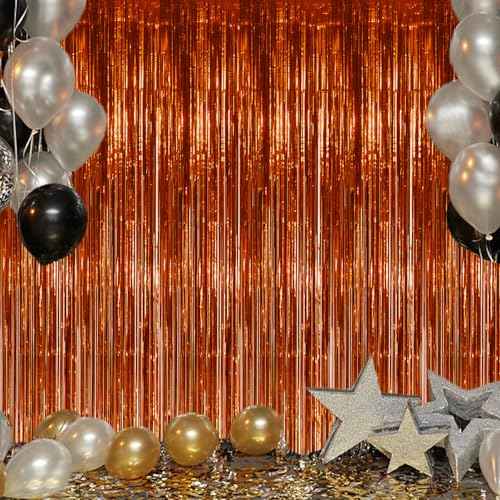 3 Pack Foil Fringe Backdrop - Bronze Shiny Tinsel Curtains for Party Decoration/Photo Booth Props - 3.3x8.2 FT Metallic Foil Backdrop for Birthday, Wedding, Graduation, Christmas.