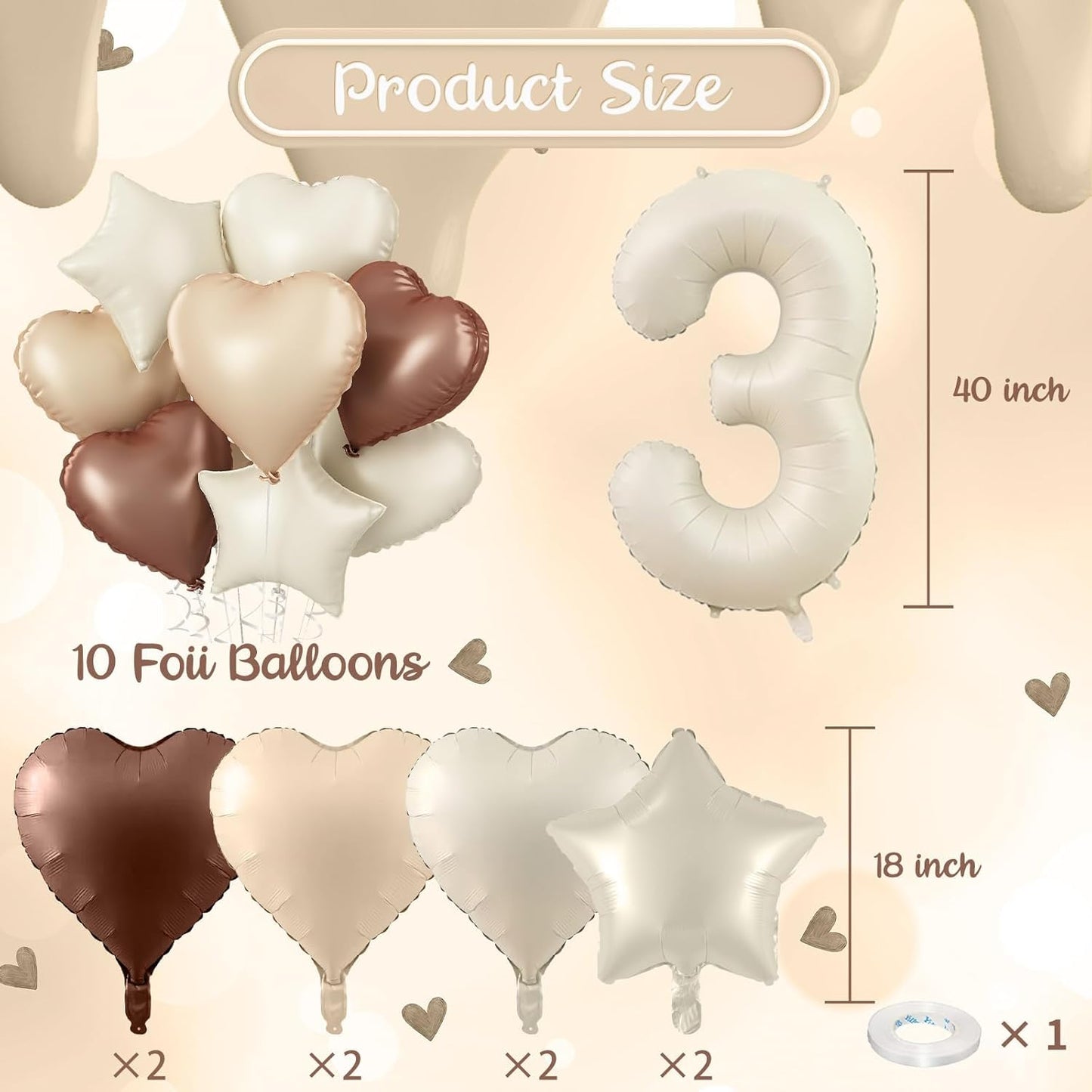 Skiennix 30 Balloons Decor - Beige Nude Apricot Brown Foil Star & Heart Balloons | 40'' White Sand Helium Number 30 for 30th Birthday & Wedding Anniversary Celebrations