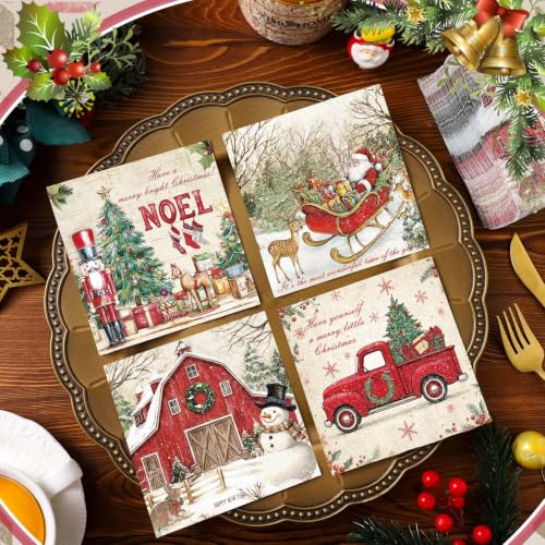 Jainless 200 Pcs Christmas Napkins 4 Styles Nutcracker Santa Snowmen 2-Ply Guest Paper Napkins