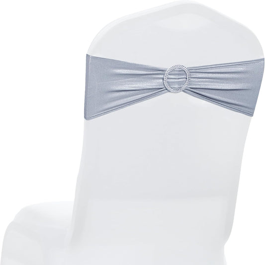MDS Spandex Foil Chair Sashes - Universal Elastic Stretch Bands with Buckle for Weddings | Metallic Silver, Pack of 200