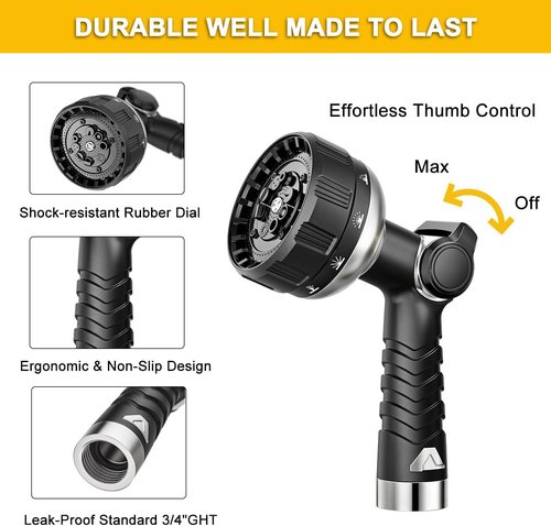 FANHAO Heavy Duty Metal Garden Hose Nozzle - 10 Spray Patterns & High Pressure Control | Ideal for Plants, Cars & Pets
