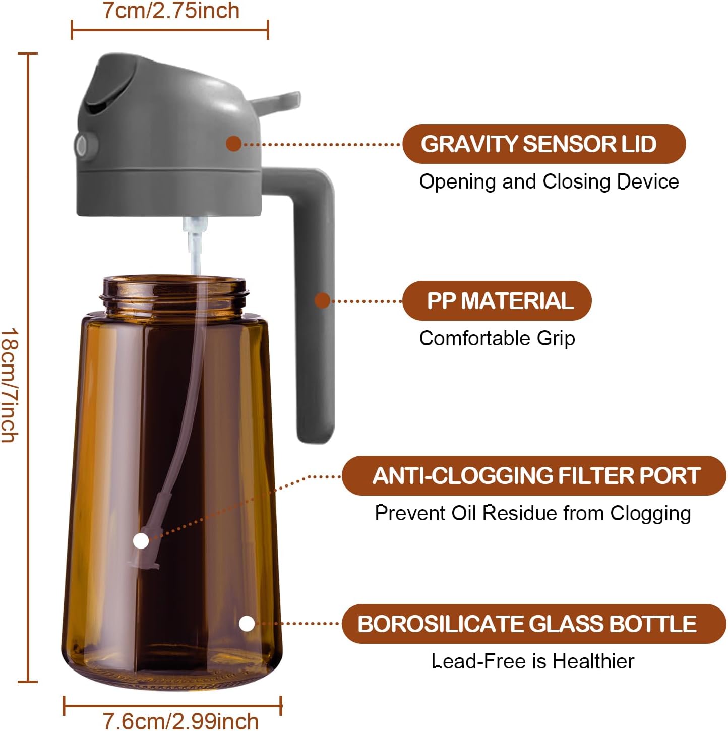 YARRAMATE 16oz Dark Brown Oil Sprayer - Premium Food-Grade 2-in-1 Olive Oil Dispenser for Cooking & BBQ