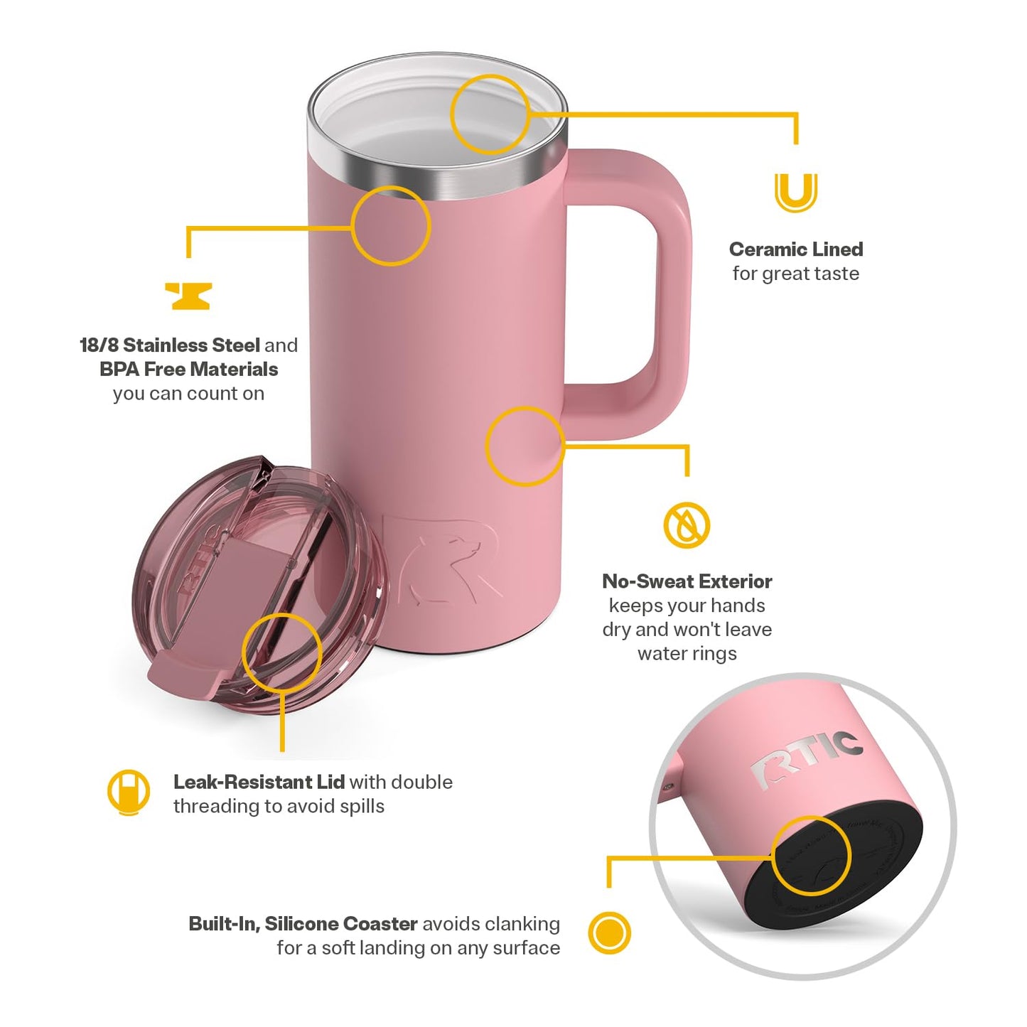 RTIC 16oz Road Trip Travel Mug with Lid and Handle, Ceramic Lined, Insulated, Stainless Steel, Metal, Double Wall Vacuum-Insulation, Portable Coffee, Tea Cup for Hot and Cold Drink, Dusty Rose